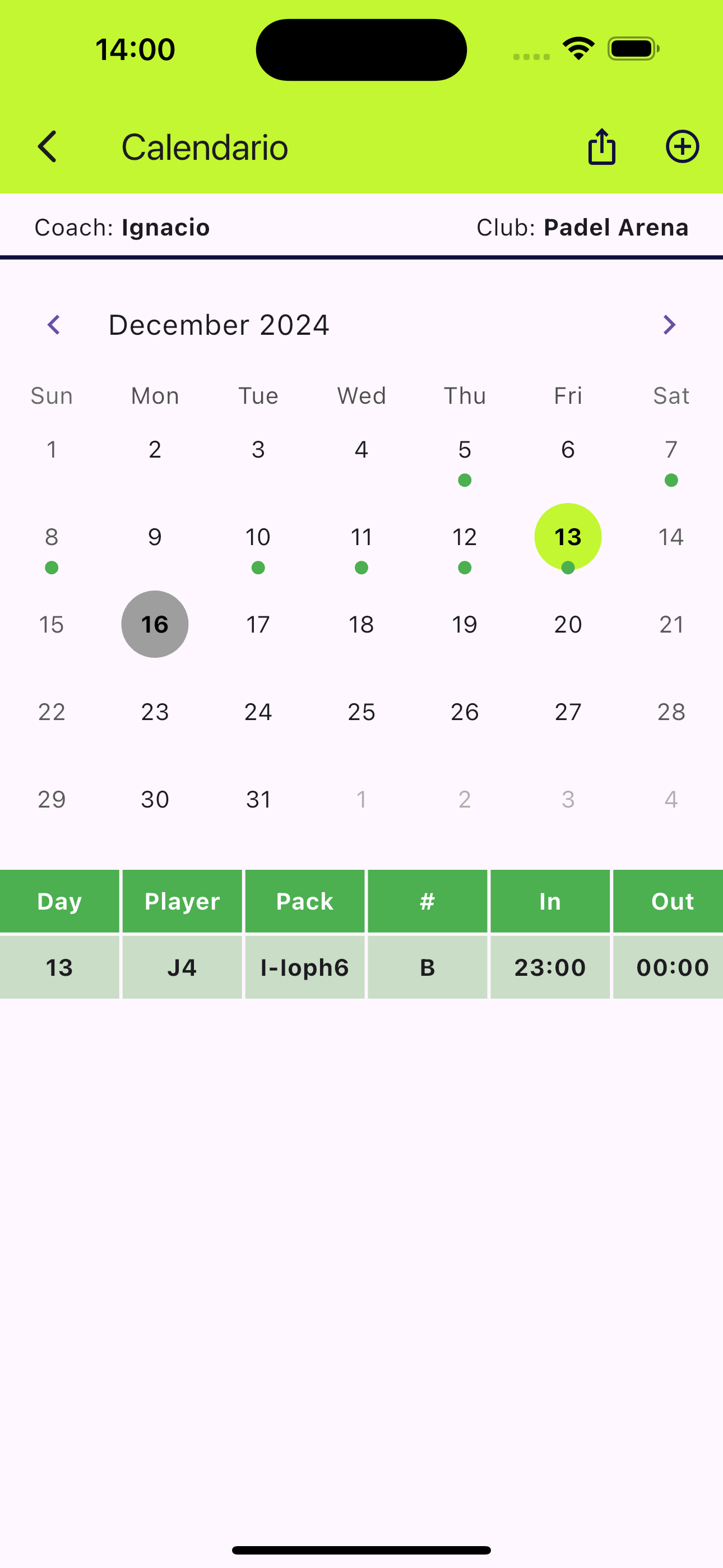 DarMePadel - calendario