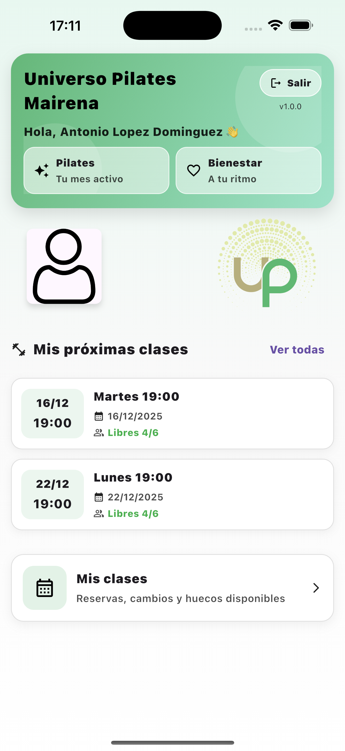Universo Pilates - pantalla principal