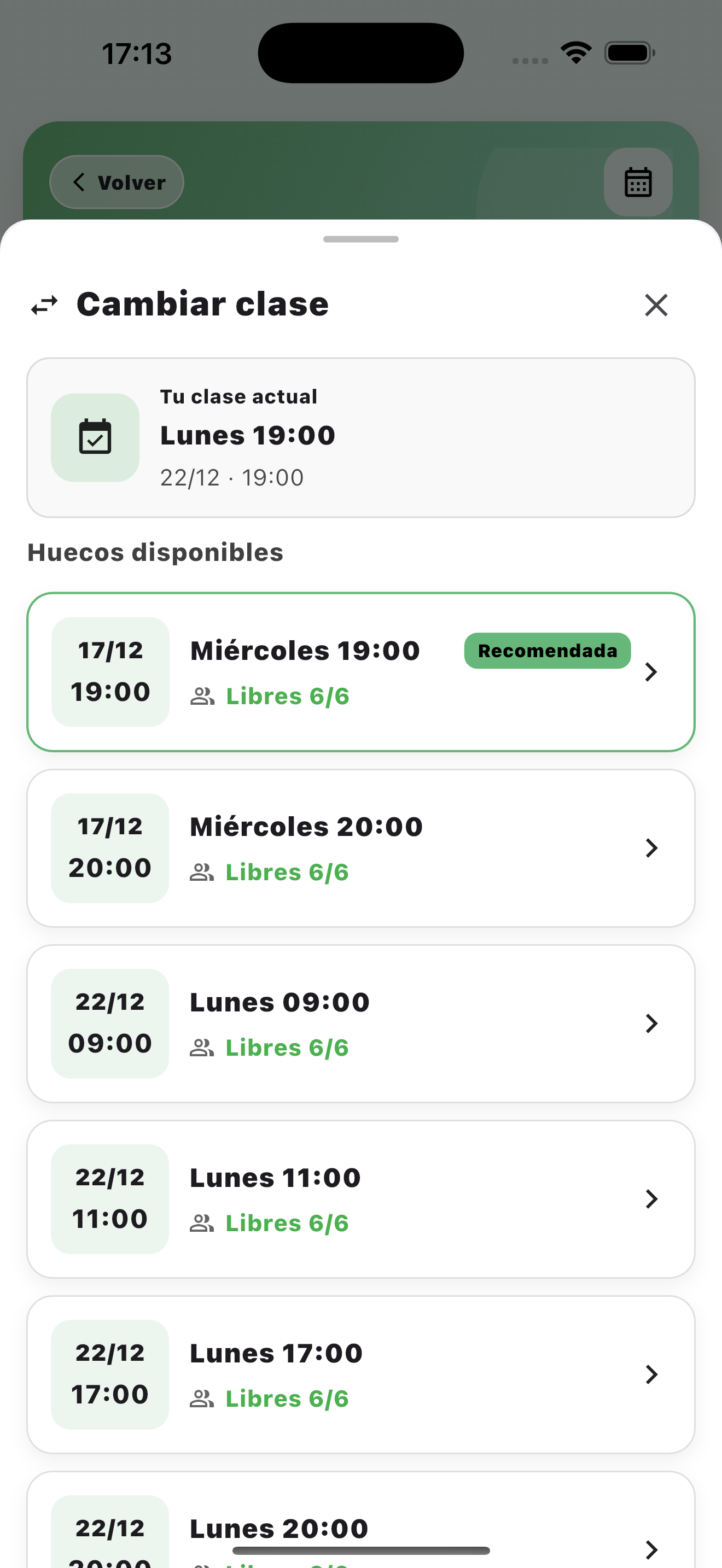 Universo Pilates - cambiar clase